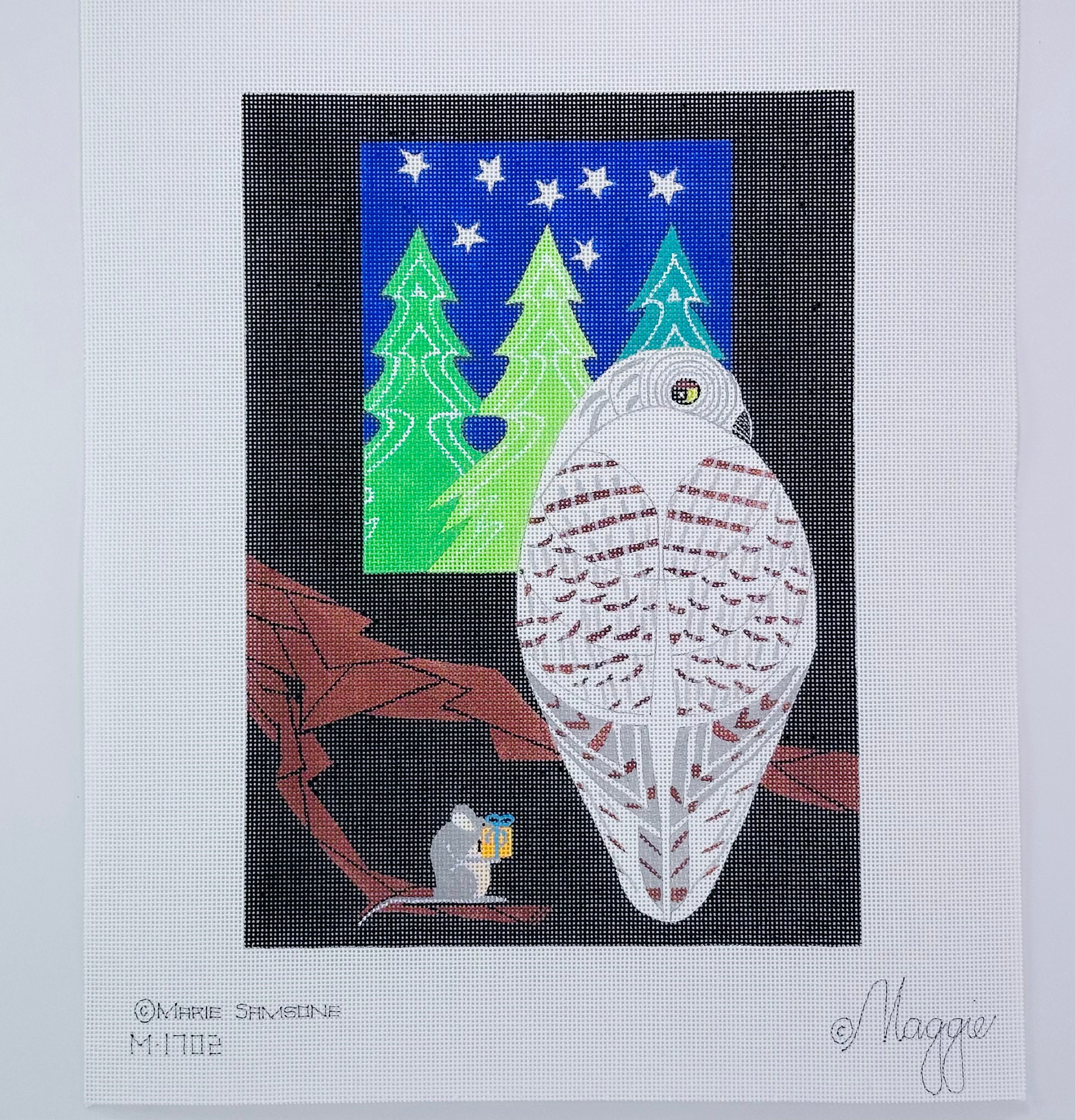 Snowy Owl with Mouse Giving Gift by Maggie, copr. Marie Samsone