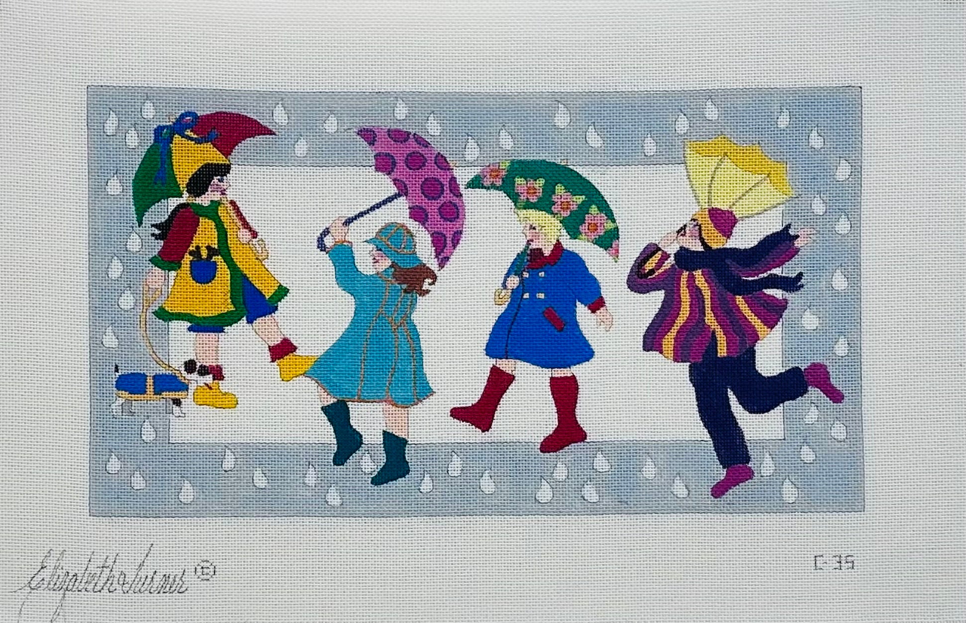 Girls with Umbrellas and Rain Dog by Elizabeth Turner, vintage, rare